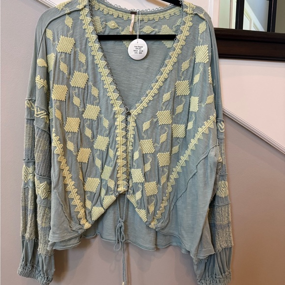 Free People Boho Blue Shirt with Matcha Green Accents - Picture 3 of 6